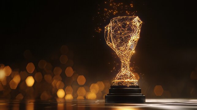 Digital golden trophy cup rendered in a low-poly or wireframe network style, composed of glowing lines, triangles, and nodes.&nbsp;