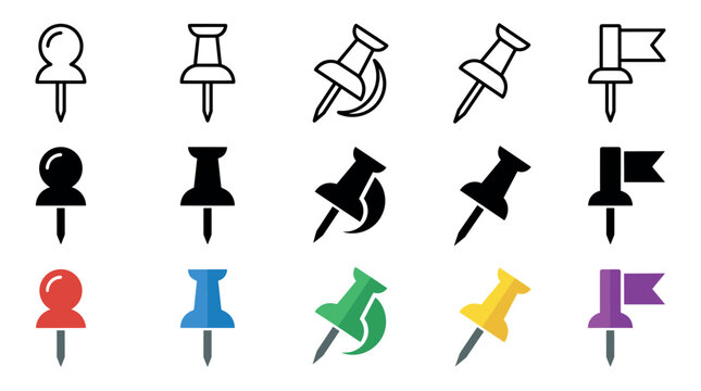 Pushpins and thumbtacks icons in various styles and colors, including outline and solid designs, useful for office stationery, map markers, and important notes.