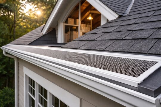 Sloped roof attic with white frame gutter guard and gray drip edge in upscale home