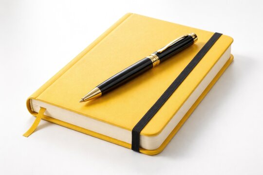 Pen placed on closed yellow notebook against white background