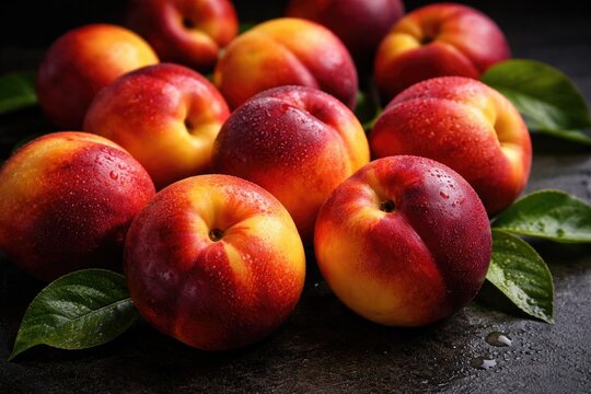 Focused image of multiple fresh organic nectarines on a dark panel backdrop