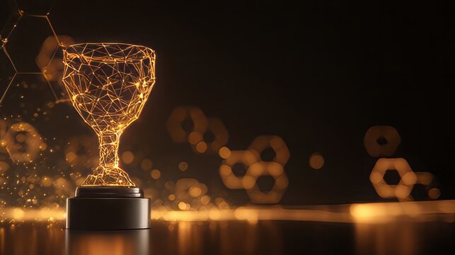 Digital golden trophy cup rendered in a low-poly or wireframe network style, composed of glowing lines, triangles, and nodes.&nbsp;