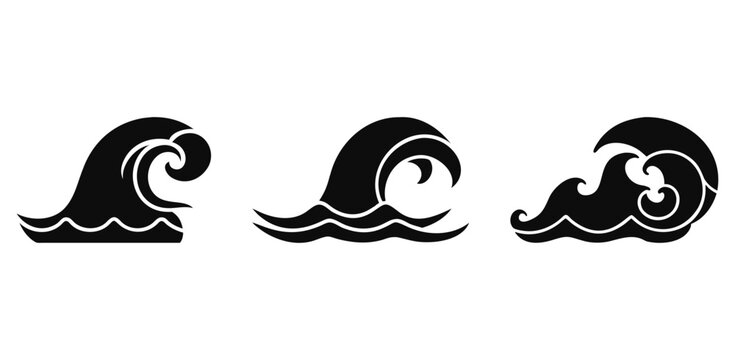 Decorative wave icons with curling crests and stylized ocean motion, capturing energy and flow in compact vector forms.