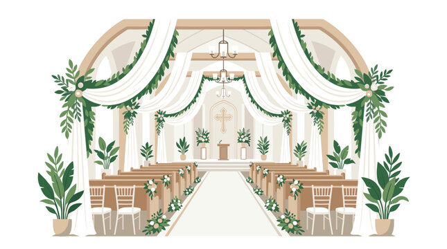 An empty wedding venue interior featuring arched wooden ceiling beams draped with cascading white fabric and lush green potted plants along a clean white aisle.
