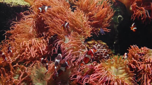 A vibrant Ocellaris clownfish (Amphiprion ocellaris) swims gracefully among the tentacles of a magnificent sea anemone (Heteractis magnifica) in a coral reef tank at the Vancouver Aquarium in Stanley 