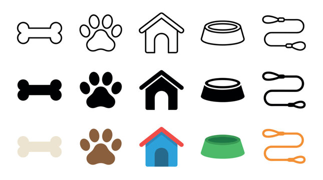 Dog accessories icons collection featuring various pet care symbols like bones, paw prints, houses, bowls, and leashes in outline, solid, and colored styles.