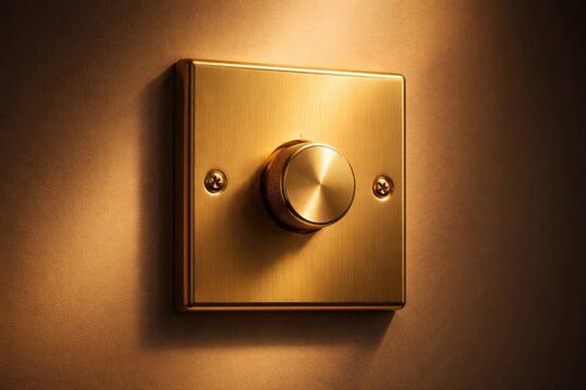 Gold colored light dimmer switch isolated with focused illumination effect