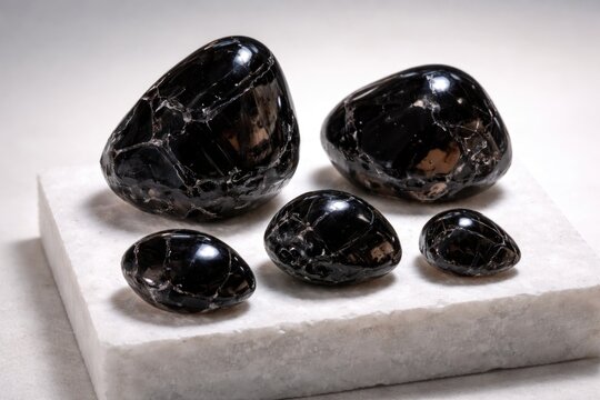Natural Apache Tear obsidian specimens showcased on a plain white display