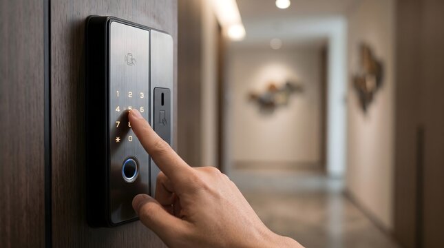 Close up of a man hand entering code on a modern smart digital door lock for home security system in a luxury apartment hallway