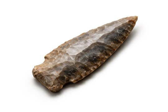 Stone flint projectile artifact shown on a crisp white backdrop