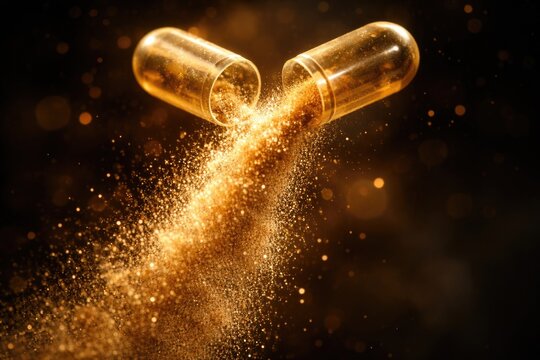 Wellness themed golden powder escaping from an opened pharmaceutical capsule with a blurred dark background