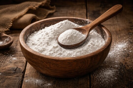 Wooden bowl filled with fine calcium hydroxide powder and wooden spoon resting on vintage rustic table
