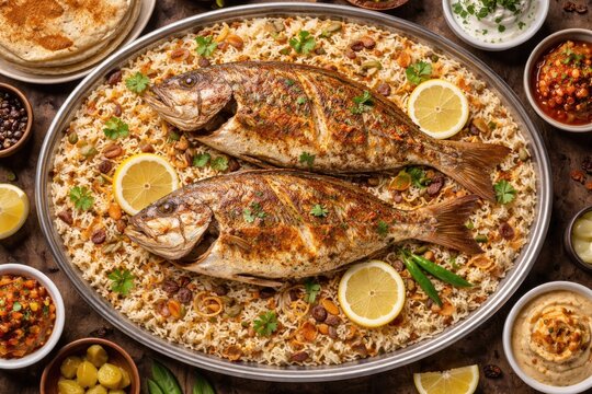 Arabian Sheri fish mandi meal with rice and lemon slice presented in a dish from top view