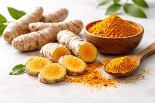 Sliced fresh white turmeric roots alongside turmeric powder arranged on a clean white setting