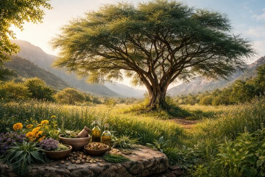 Prosopis Cineraria tree in natural setting with distant mountains and medicinal focus