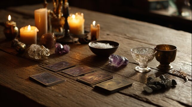 Intimate candlelit table arranged with crystals and tarot cards for a reading