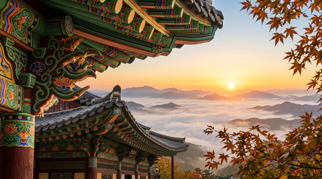Majestic Sunrise Over a Sprawling Sea of Clouds from a Traditional Korean Dancheong Temple Pavilion with Autumn Maple