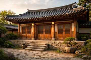 Fototapeta premium Korean style house with wooden doors and stone foundation