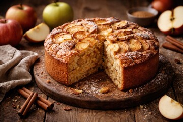 Fototapeta premium Homemade rustic apple cake moist and fluffy with copyspace for text
