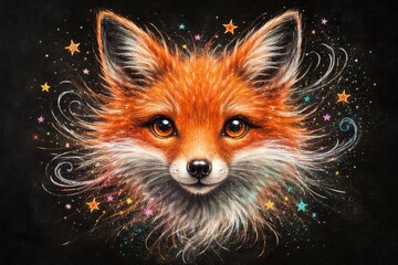 Obraz premium Whimsical fox face chalk drawing on a solid black canvas