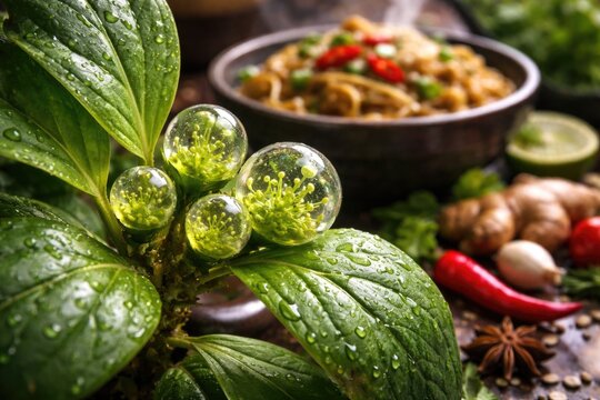 Spherical plant propagules appearing at leaf junctions highlighting organic ingredients in Asian dishes