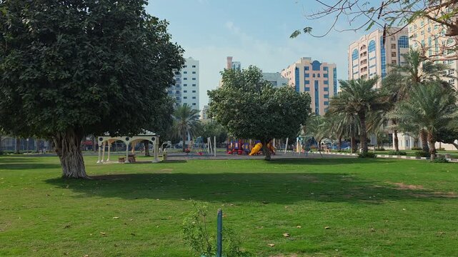 An empty public park in a residential community in Sharjah.