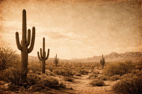 Old style photo of desert terrain with Saguaro cacti and textured paper surface and toned copy space