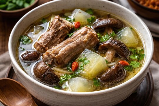 Savory pork rib and shiitake mushroom soup featuring winter melon and fragrant herbs