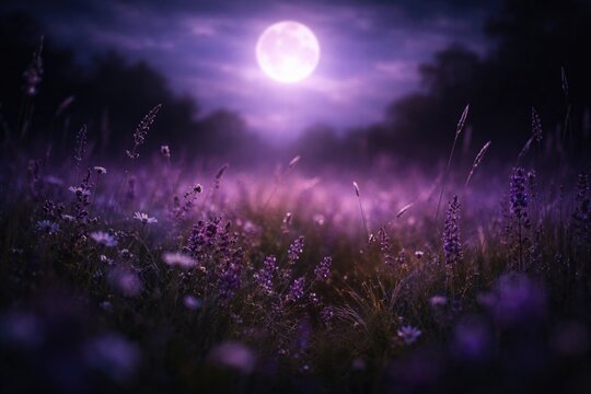 Seasonal tones backdrop with blurred meadow grass and flowers under dark glowing light during a purple moonlit night