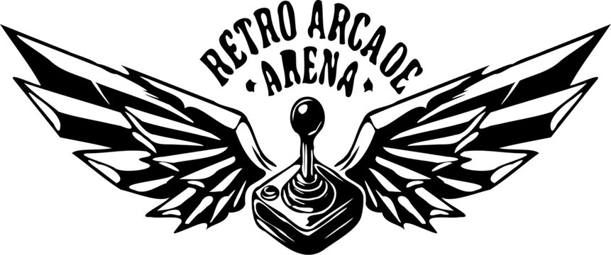 Vintage retro arcade gaming badge with joystick and wings