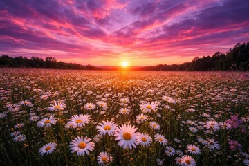Fototapeta premium Sunset hour in a daisy-covered meadow featuring a colorful sky with pink and violet tones