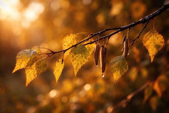 Natural birch twig bathed in warm backlight emphasizing autumnal details
