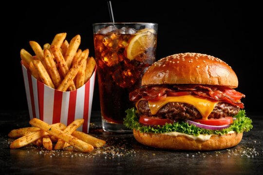 Popular burger, seasoned fries, and refreshing drink set on a deep black background