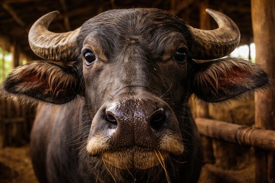 Macro shot of water buffalo facial features in rural stable setting