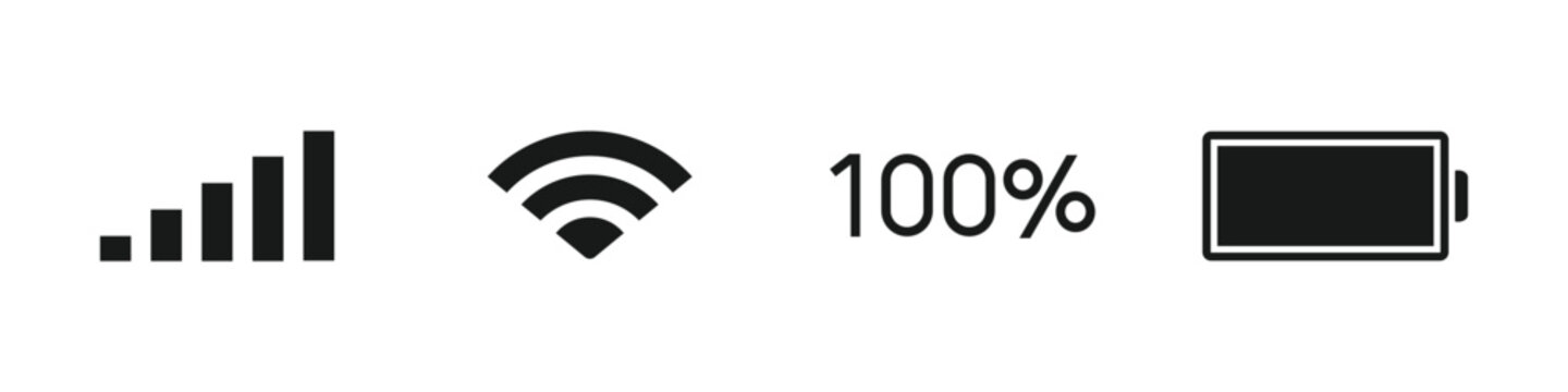 Phone status bar icon set with battery signal and wifi symbols, simple mobile interface vector illustration