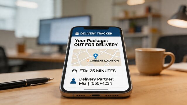 A smartphone on a wooden desk shows a package delivery tracker app with a map and delivery information in a modern office setting.