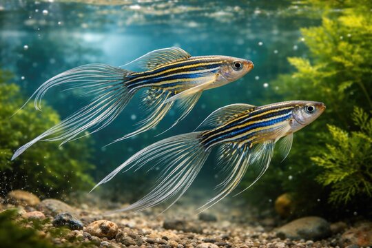 Two zebrafishes with elongated fins in clear water