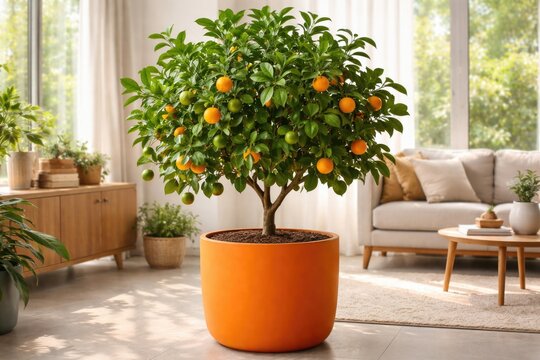 Potted indoor hybrid citrus tree bearing immature fruits in vibrant orange planter