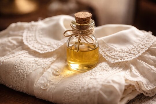 Ceremonial chrism in small bottle laid on newborn garment during baptism ritual