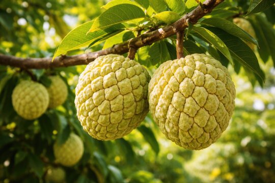 Sweetsop fruits ripening naturally on a fruit tree branch outdoors