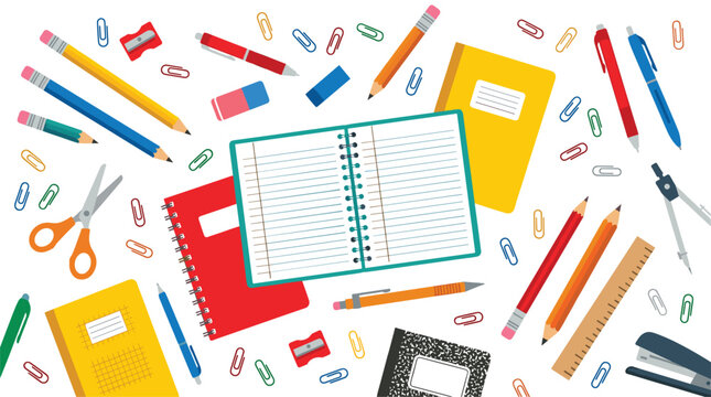 A wide variety of school supplies such as notebooks, colored pencils, pens, a compass, and scissors are scattered randomly across a clean white desk surface for students.