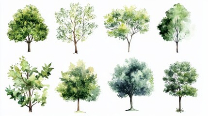 Fototapeta premium Different types of trees displayed in a simple arrangement with green shades and various forms