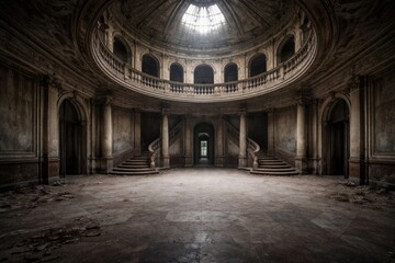 Obraz premium Spacious round hall of a deserted mansion with worn details and copy space area
