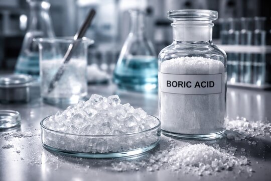 Selective focus image of boric acid next to crystalline substance in lab