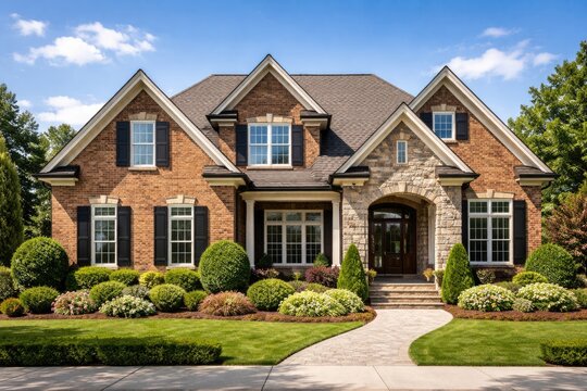 Professional property listing showing brick home with shingle roof and attic windows against blue sky