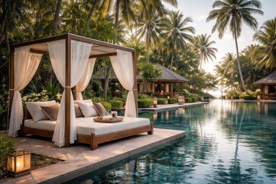 Tropical resort retreat showcasing calm water pool and sophisticated daybed in serene setting