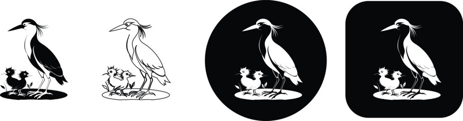 Heron with chicks on a nest in multiple styles black and white heron bird chick baby bird © SilhouetteStore