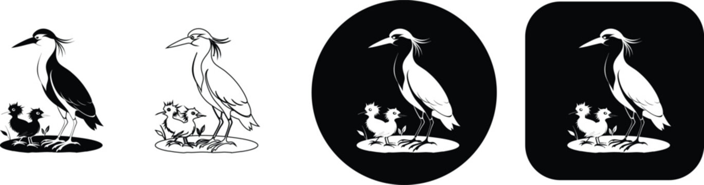 Heron with chicks on a nest in multiple styles black and white heron bird chick baby bird