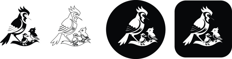 Blue jay with chicks on a branch in multiple styles black and white blue jay bird chick baby bird © SilhouetteStore