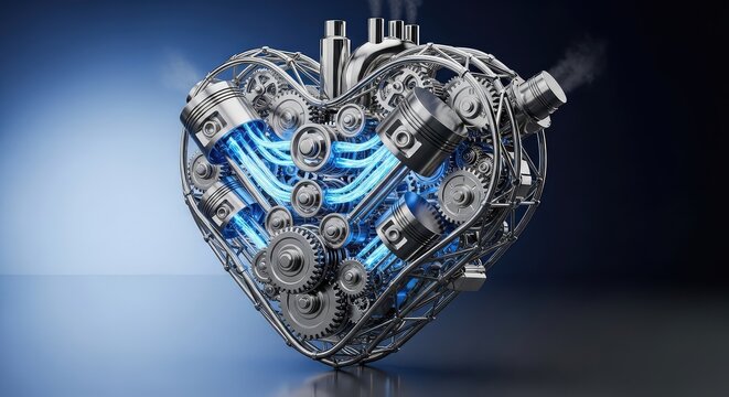 A complex futuristic mechanical heart engine made of polished chrome and steel with glowing blue energy conduits and intricate gears, 3d, gears, engine